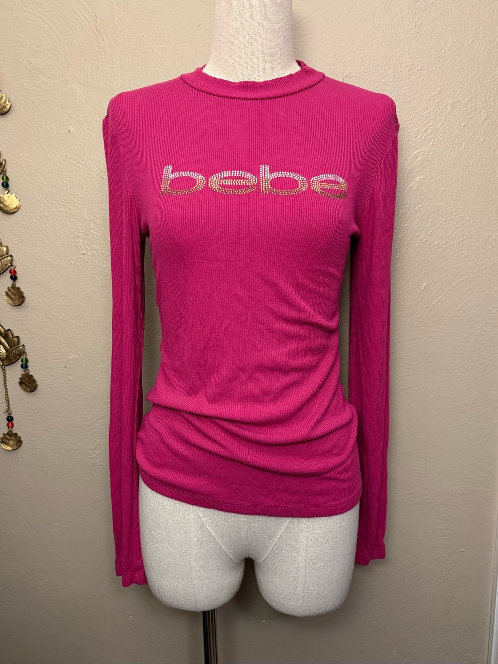 Bebe Y2K Rhinestone Festival Fuchsia Mock Neck Cutout Criss-Cross Top Size Med
